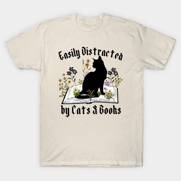 Easily Distracted by Cats and Books T-Shirt by Hypnotic Highs